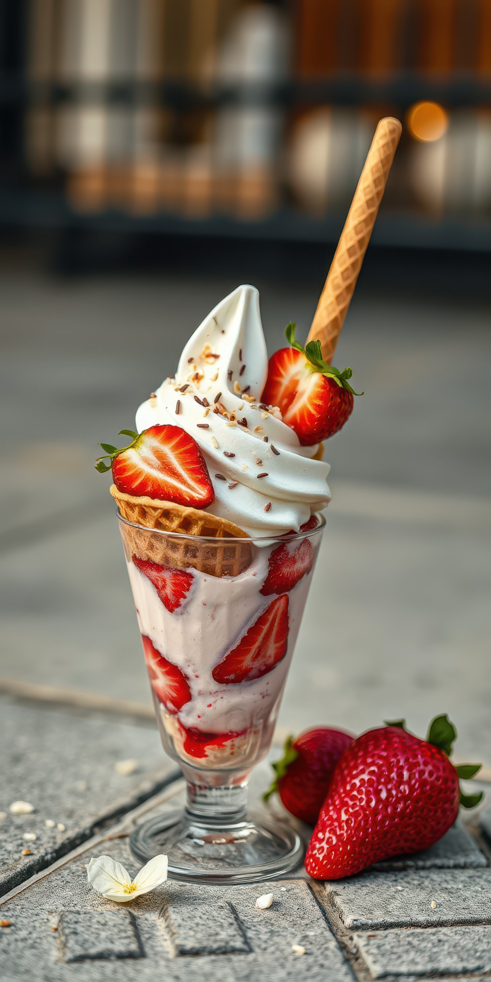 Delicious strawberry sundae served in a glass with fresh strawberries and whipped cream on a sunny day